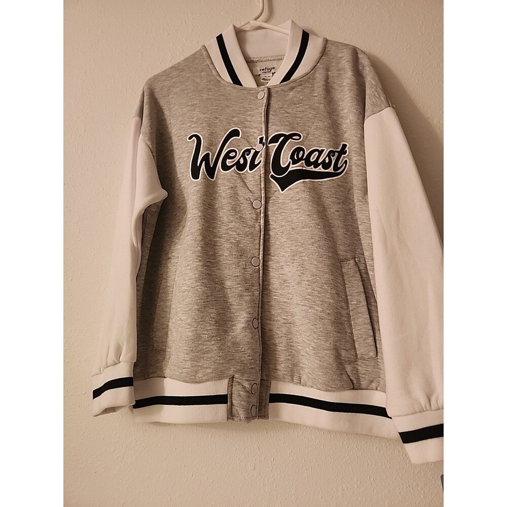 Refuge Athletics West Coast Script Gray Varsity Jacket Snap Front Unisex Size M